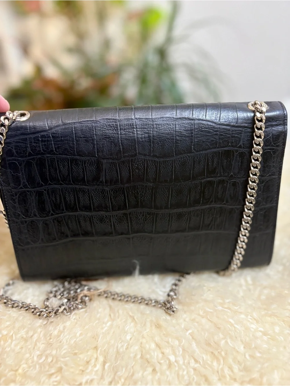 YSL Calfskin Crocodile Embossed Medium Classic Monogram Kate TasselSatchel Black